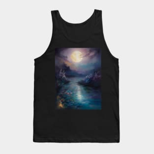 Moonlit Lake Surrounded by Blooming Trees and Mountain Tank Top